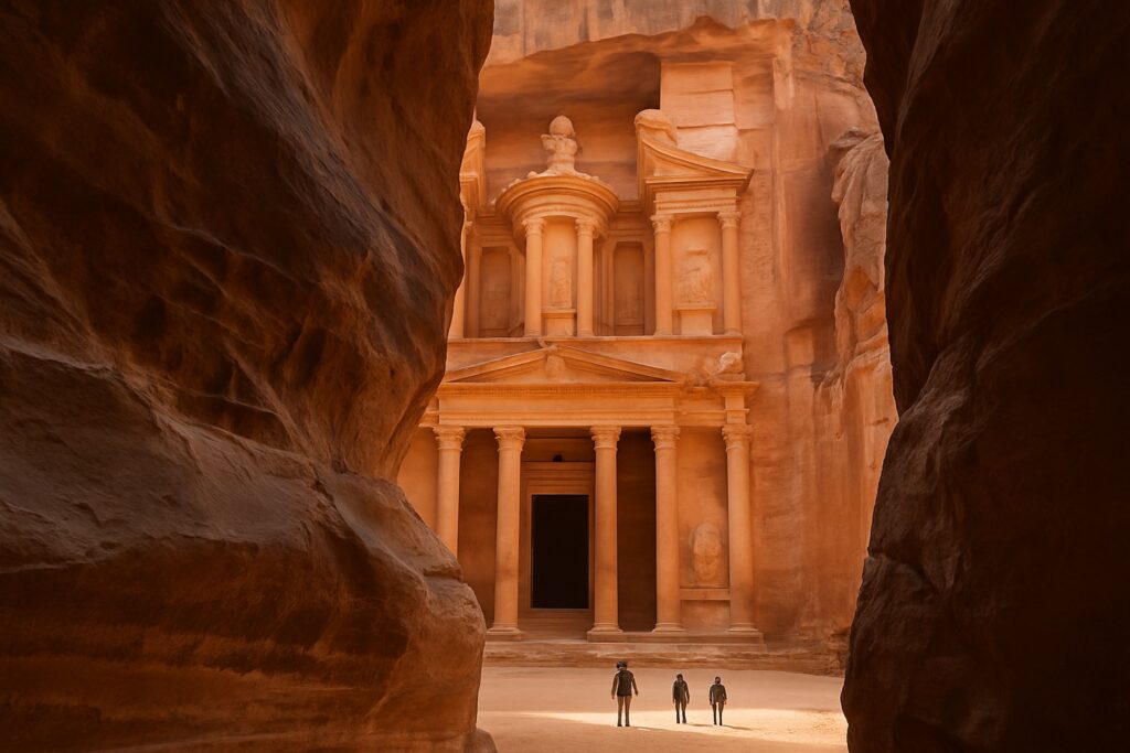 Das Schatzhaus Al-Khazneh in Petra, durch den Siq gesehen