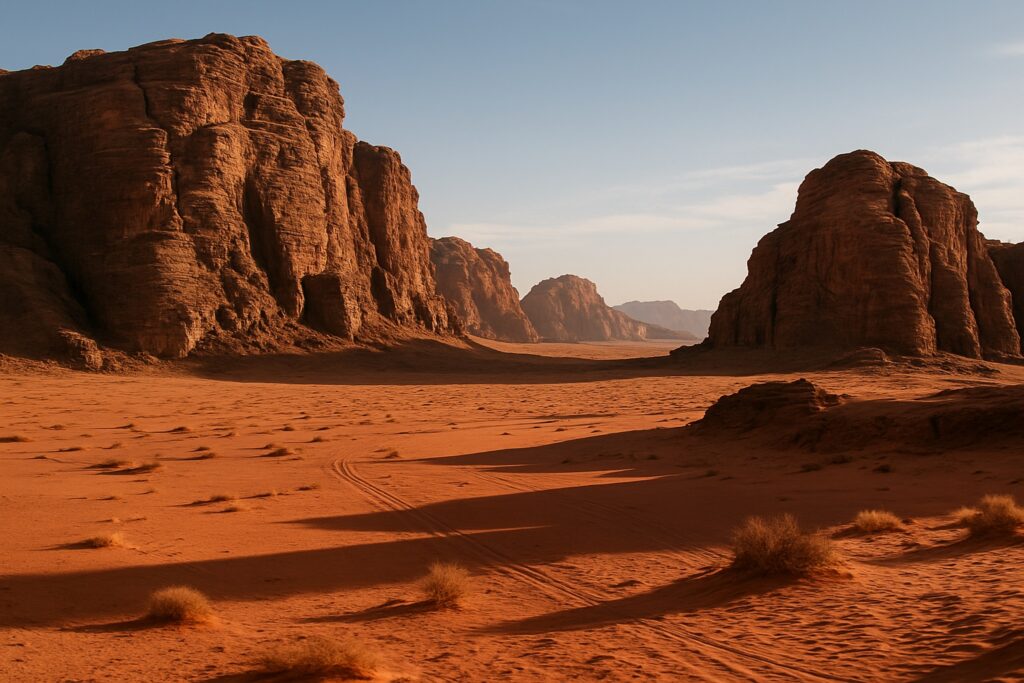 Rot leuchtende Sand- und Felswüste im Wadi Rum, Jordanien