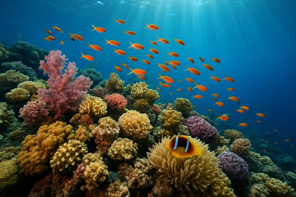 Buntes Korallenriff mit Fischschwarm im klaren Wasser des Golfs von Aqaba am Roten Meer