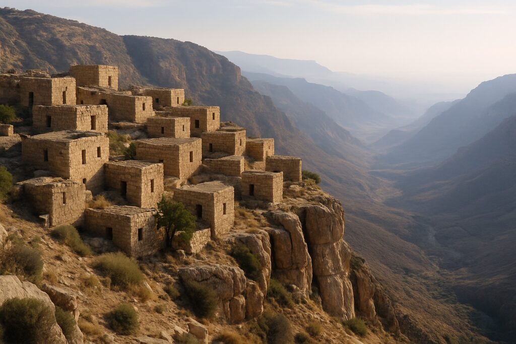 Das Bergdorf Dana am Rand des Naturreservats mit Blick ins Wadi