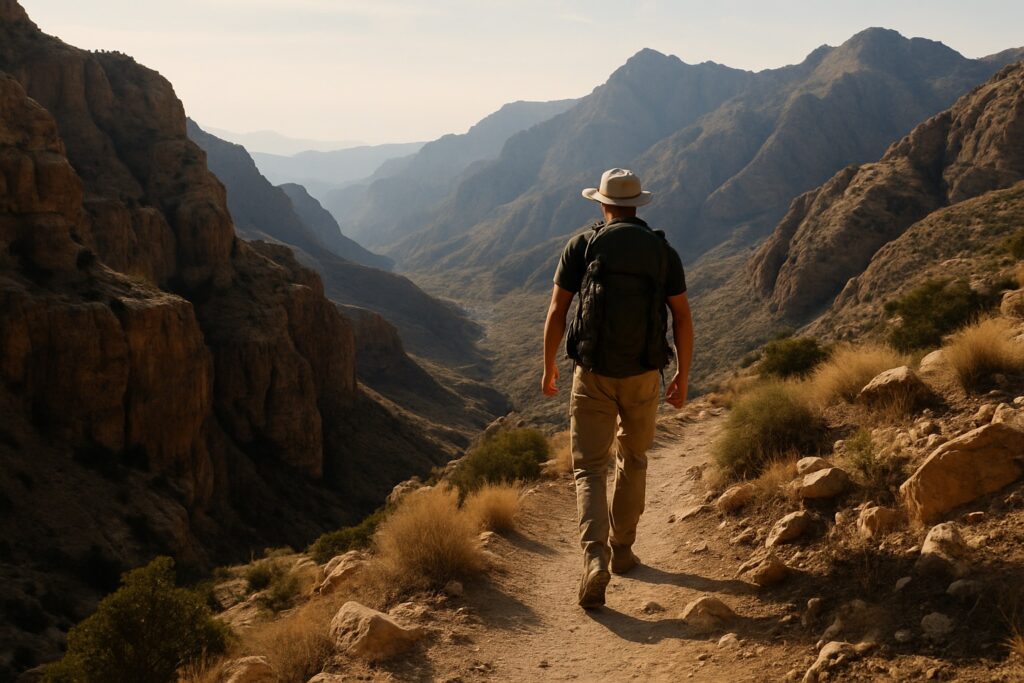 Ein Wanderer im Dana-Biosphärenreservat in Jordanien mit tiefem Canyon