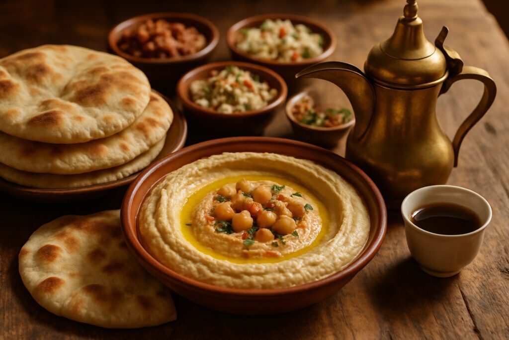 Eine jordanische Mezze-Tafel mit Hummus, Fladenbrot und arabischem Kaffee