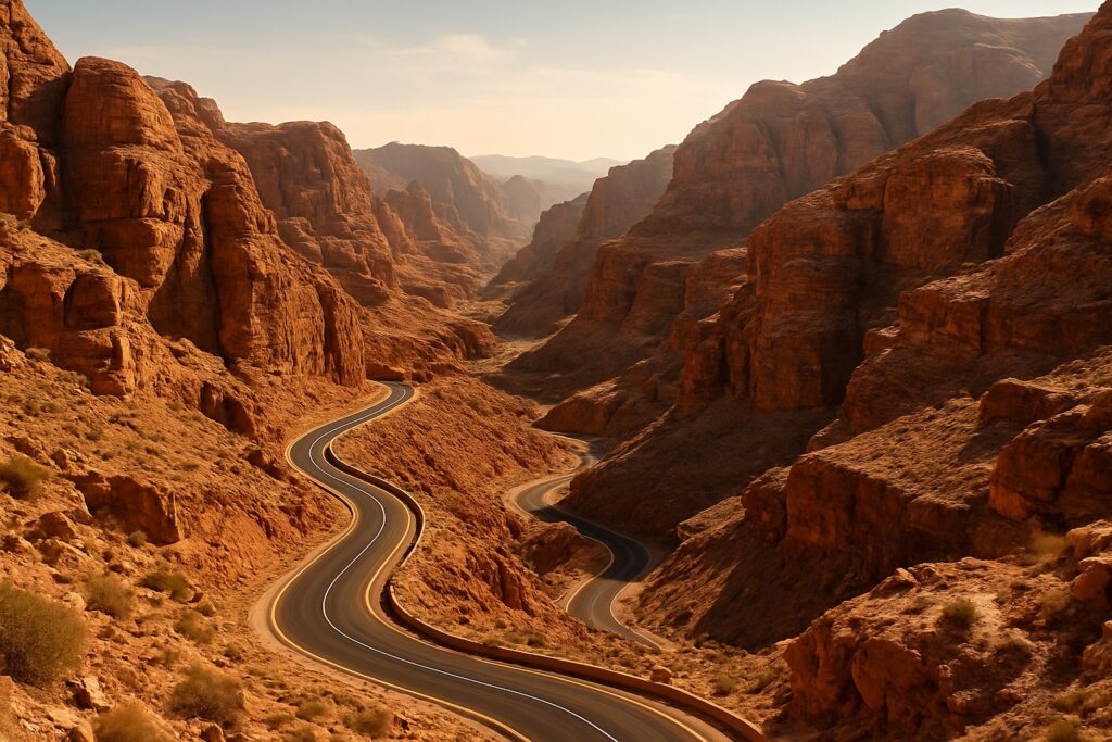 Eine kurvige Wüstenstraße entlang der Königsstraße durch die roten Berge Jordaniens