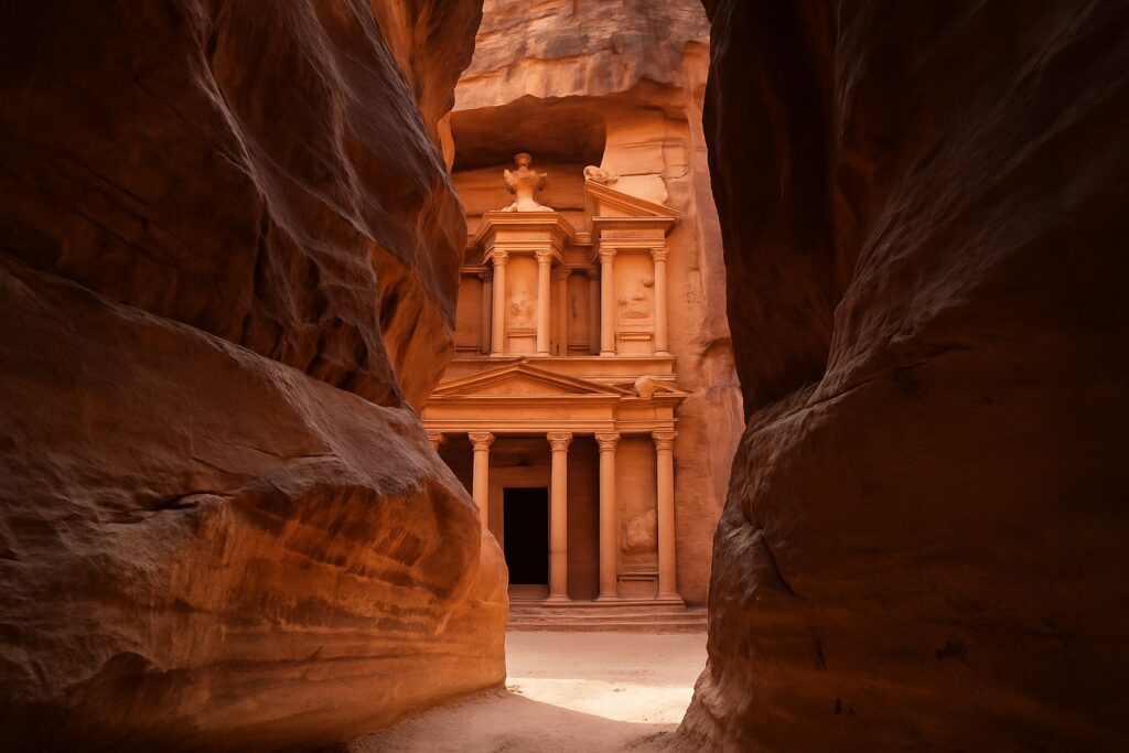 Das Schatzhaus Al-Khazneh der Felsenstadt Petra in Jordanien durch den Siq gesehen