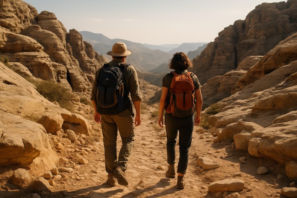 Wanderer auf einem Sandsteinpfad zwischen Dana und Petra