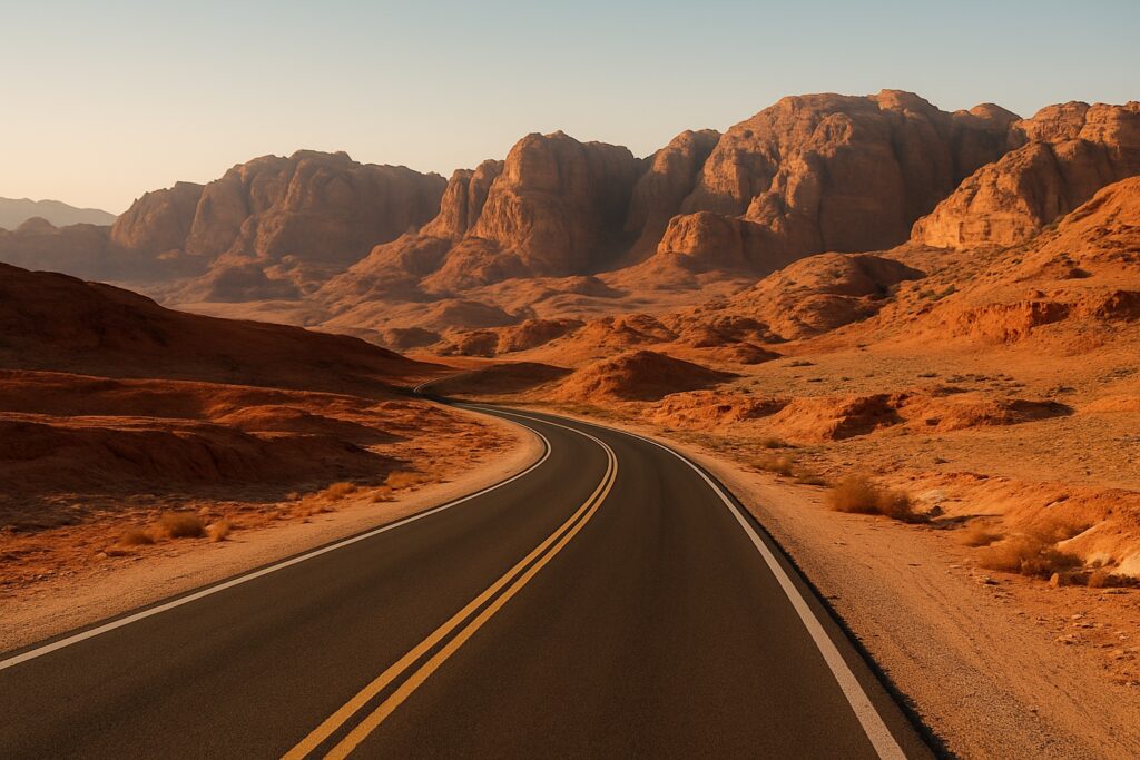Kurvige Bergstraße durch die rote Felslandschaft Südjordaniens