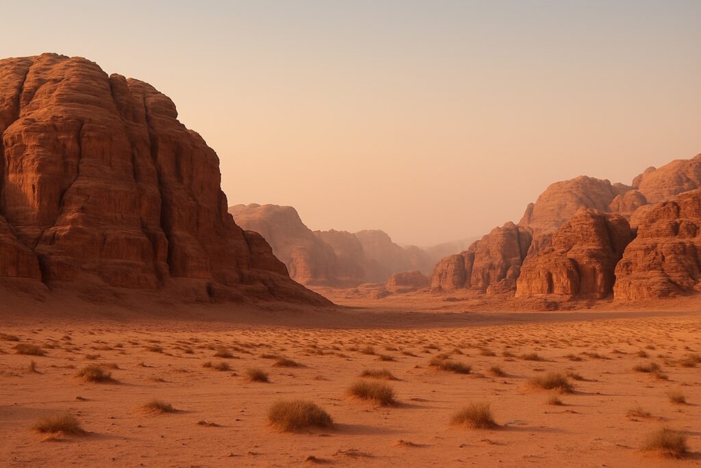 Rote Felslandschaft nahe Petra im ruhigen Abendlicht