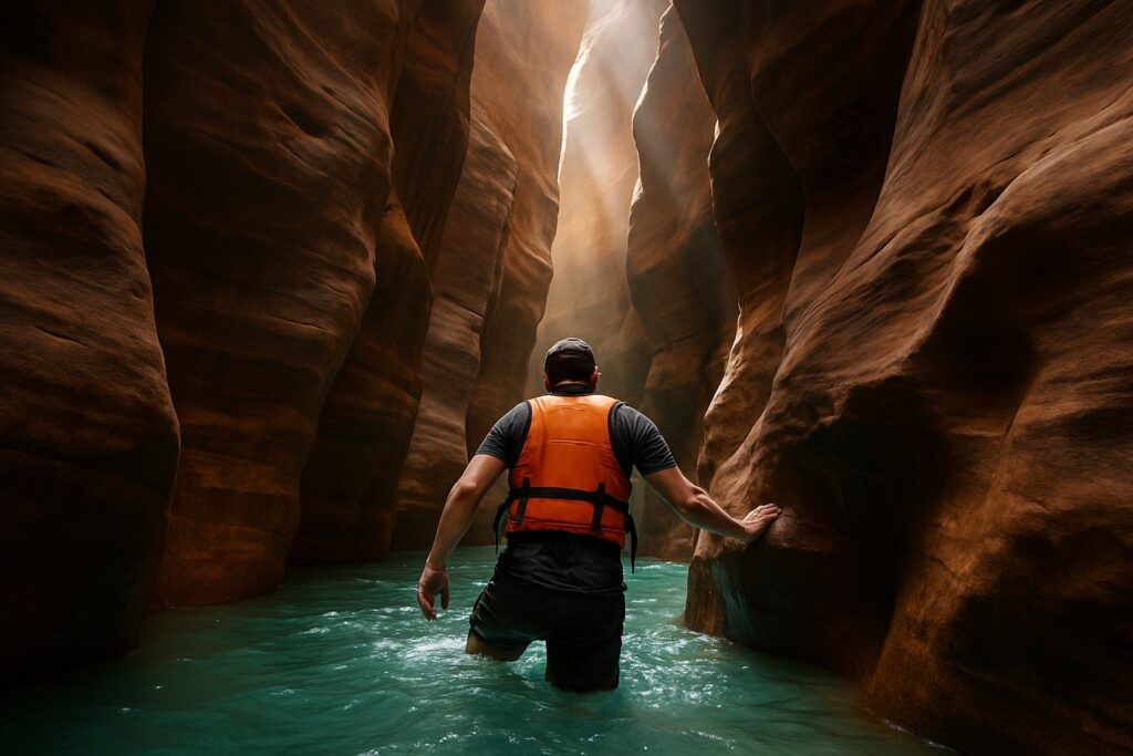 Person watet durch eine enge wasserführende Schlucht im Wadi Mujib